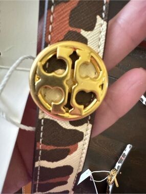 Tory Burch Brown and Cream Camo and Logo Belt Small